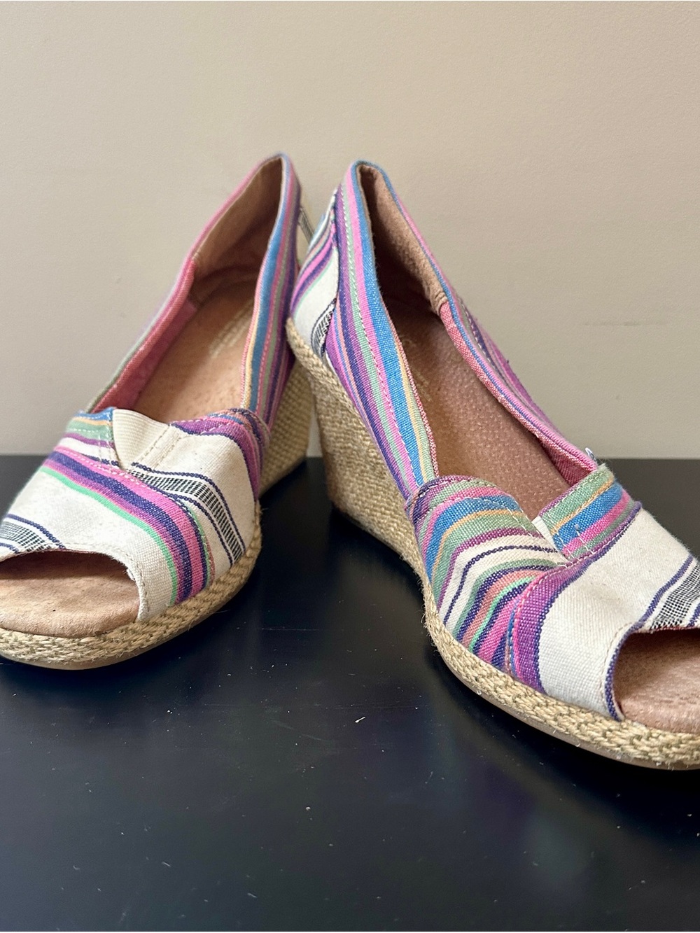 Toms Pink Purple Blue Striped Wedge Espadrille Peep-Toe